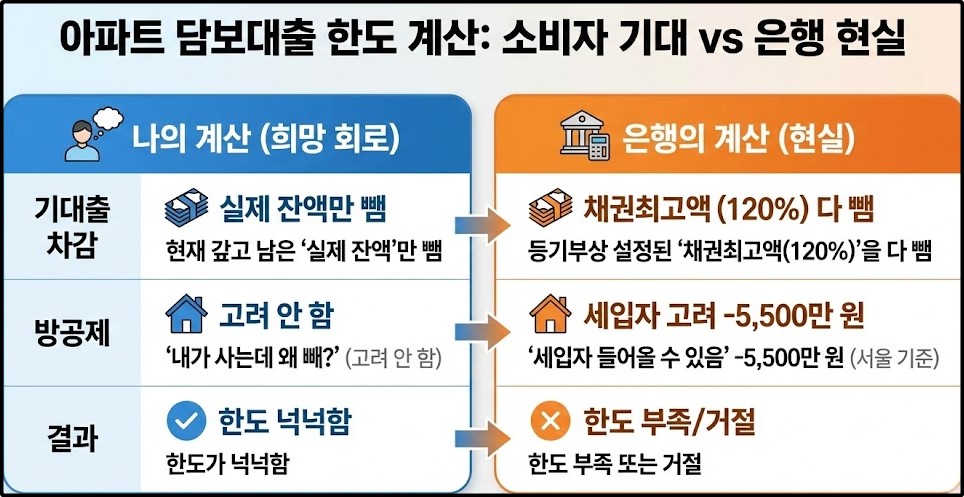 아파트 담보대출 한도 계산 시 은행과 소비자의 차이점(채권최고액, 방공제) 비교표