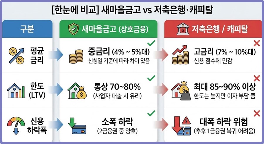 새마을금고와 저축은행 캐피탈 후순위 담보대출 금리(4~5%대) 및 한도 차이 비교 요약표
