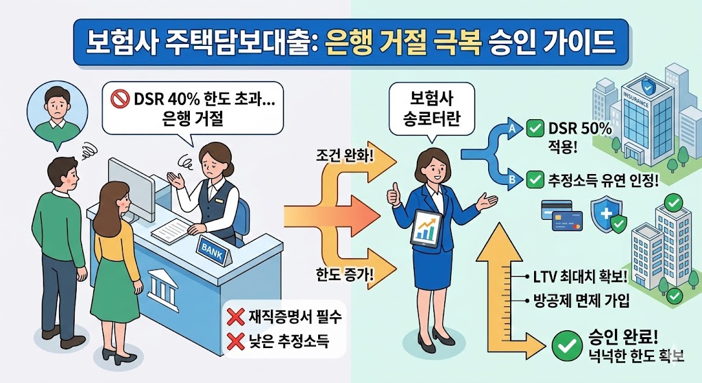 은행에서 주택담보대출이 거절된 차주를 위해 DSR 50% 적용, 추정소득 유연 인정, MCI/MCG 보증보험 가입으로 넉넉한 한도를 확보하는 보험사 대출 승인 성공 가이드 인포그래픽