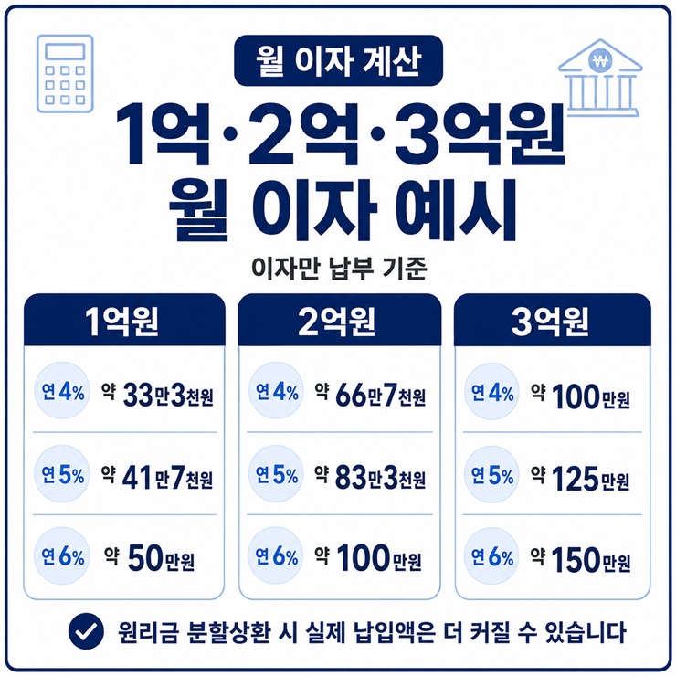 전세금 반환대출 1억·2억·3억원을 연 4%, 5%, 6%로 이용할 때 예상되는 월 이자를 비교한 이미지